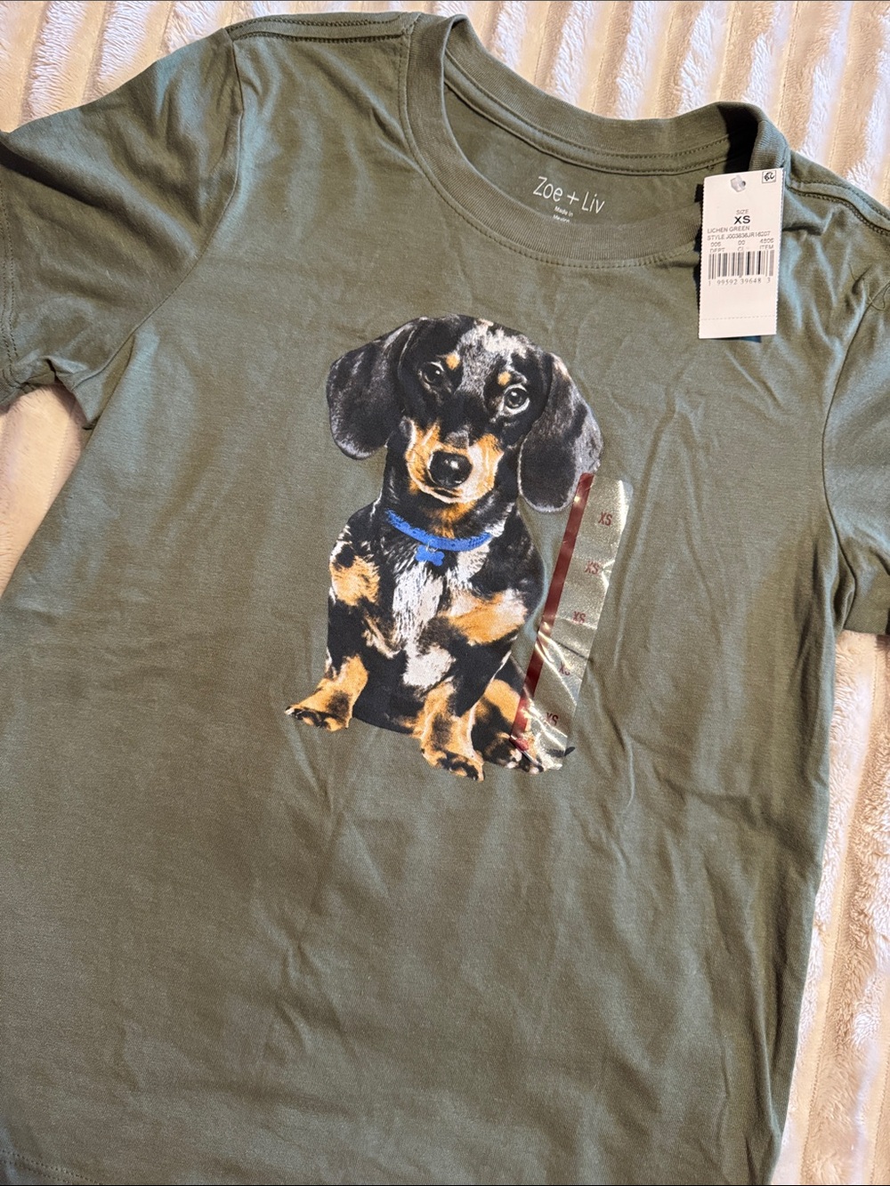 Zoe + Liv Olive Green Tee with Dachshund and Blue Collar